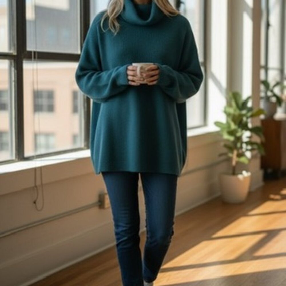 GC Free People Women's Long Sleeve Oversized Turtleneck Sweater Teal Small